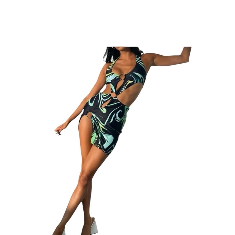 White fox boutique. Green and Black Sleeveless Wrap Mini Dress